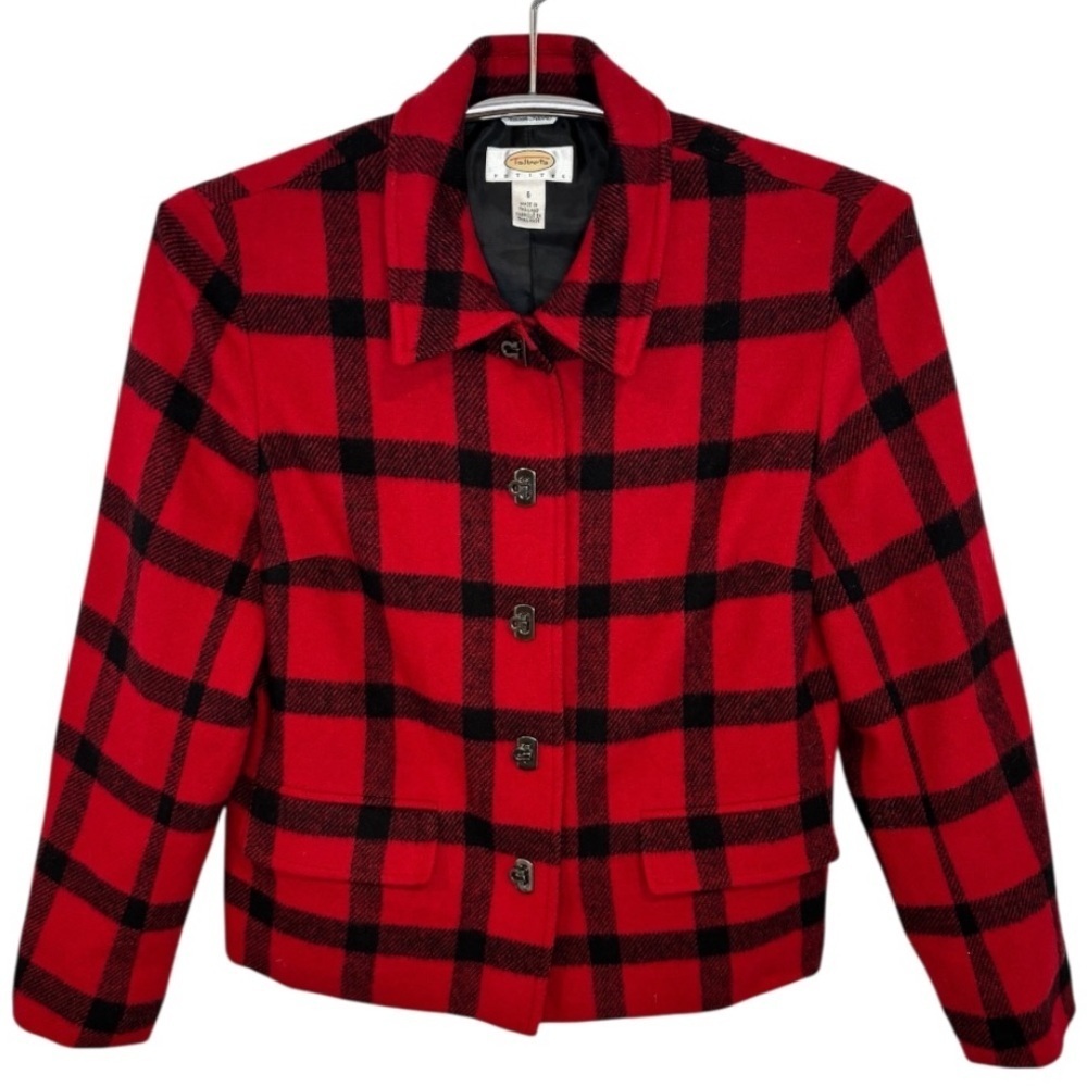 Talbots Petites Wool Blend Red and Black Buffalo Plaid Blazer Size 6